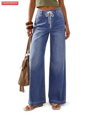 Drawstring Wide Leg Jeans High Waist Stretchy Denim Pants